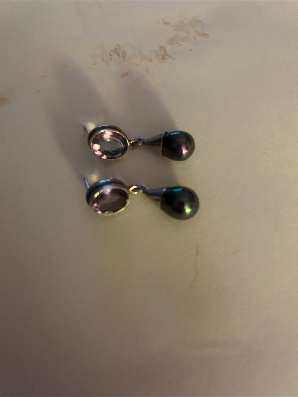 Beautiful sterling earrings with cut amythest top and gray Polynesian pearl